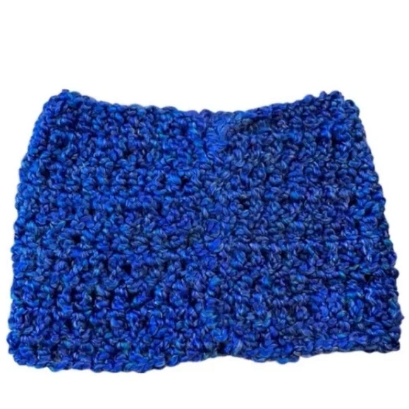Hand Crafted Hat Headband Blue Crochet Pony Tail Beanie Chunky Ear Warmer Wrap - Picture 4 of 8